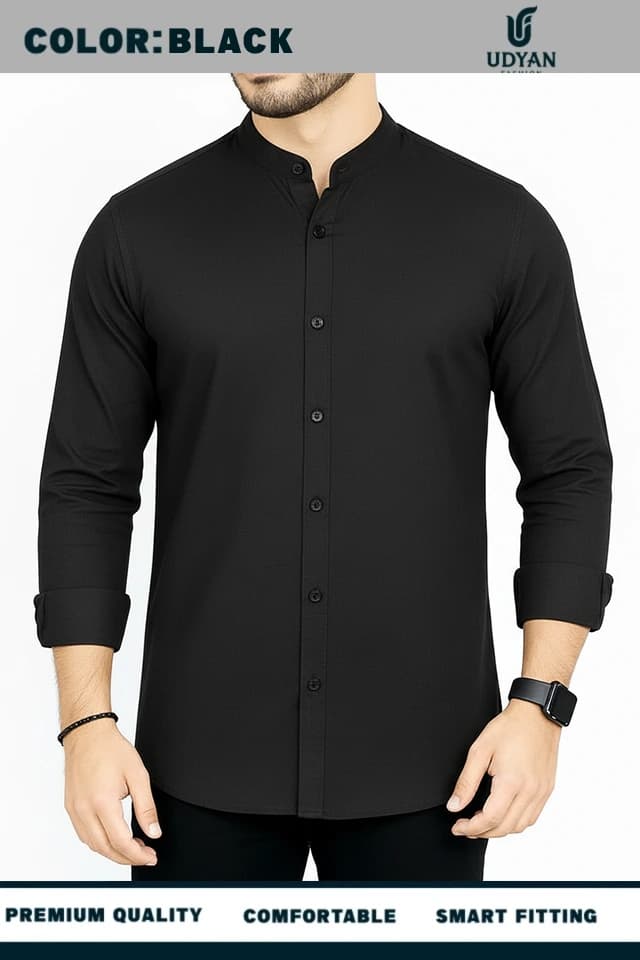smart people wearing BAND COLLAR OXFORD SHIRT BALCK COLOR
