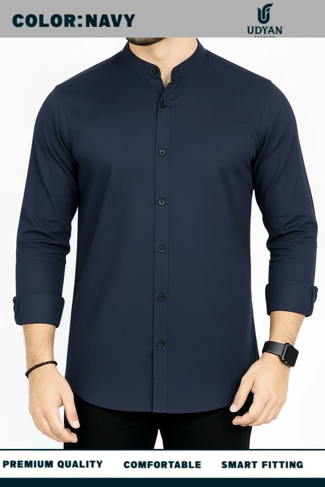 smart people wearing BAND COLLAR OXFORD SHIRT NAVY COLOR