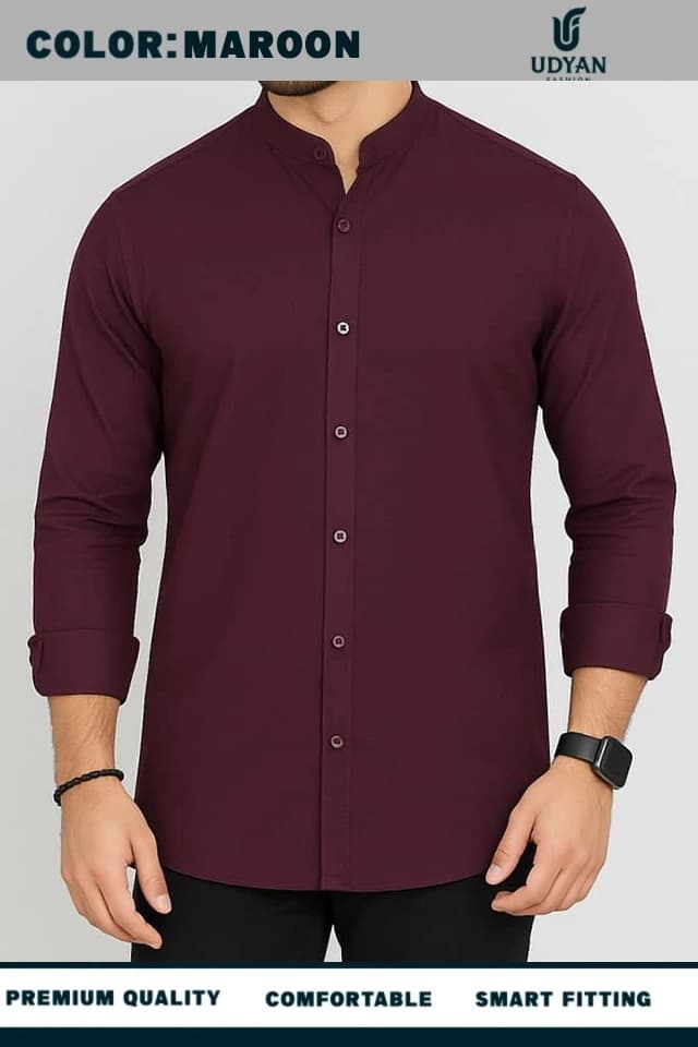 smart people wearing BAND COLLAR OXFORD SHIRT MAROON COLOR