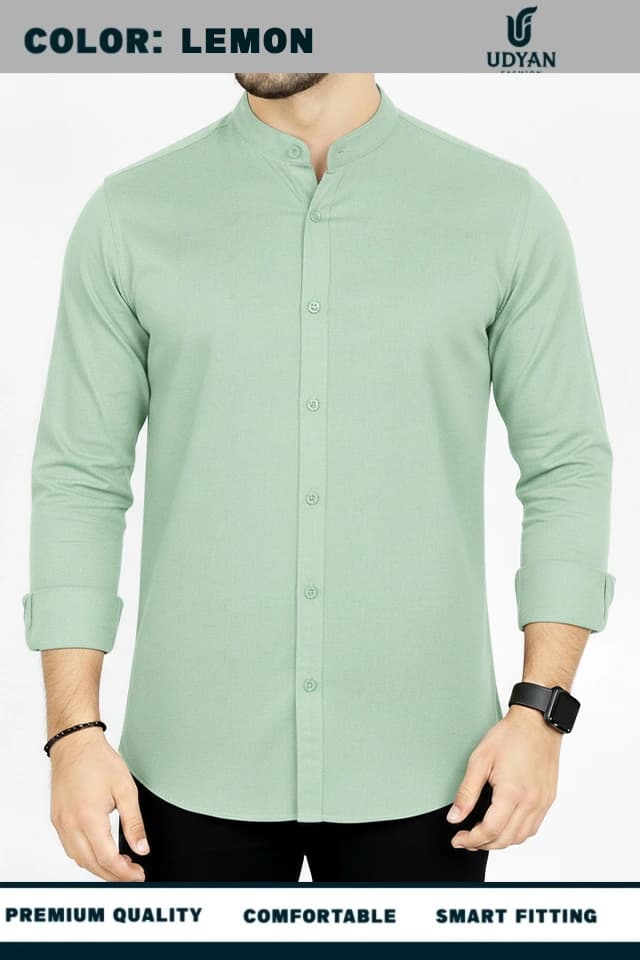 smart people wearing  BAND COLLAR OXFORD SHIRT LEMON COLOR